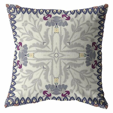 PALACEDESIGNS 16 in. Gray Floral Frame Indoor & Outdoor Zippered Throw Pillow PA3681771